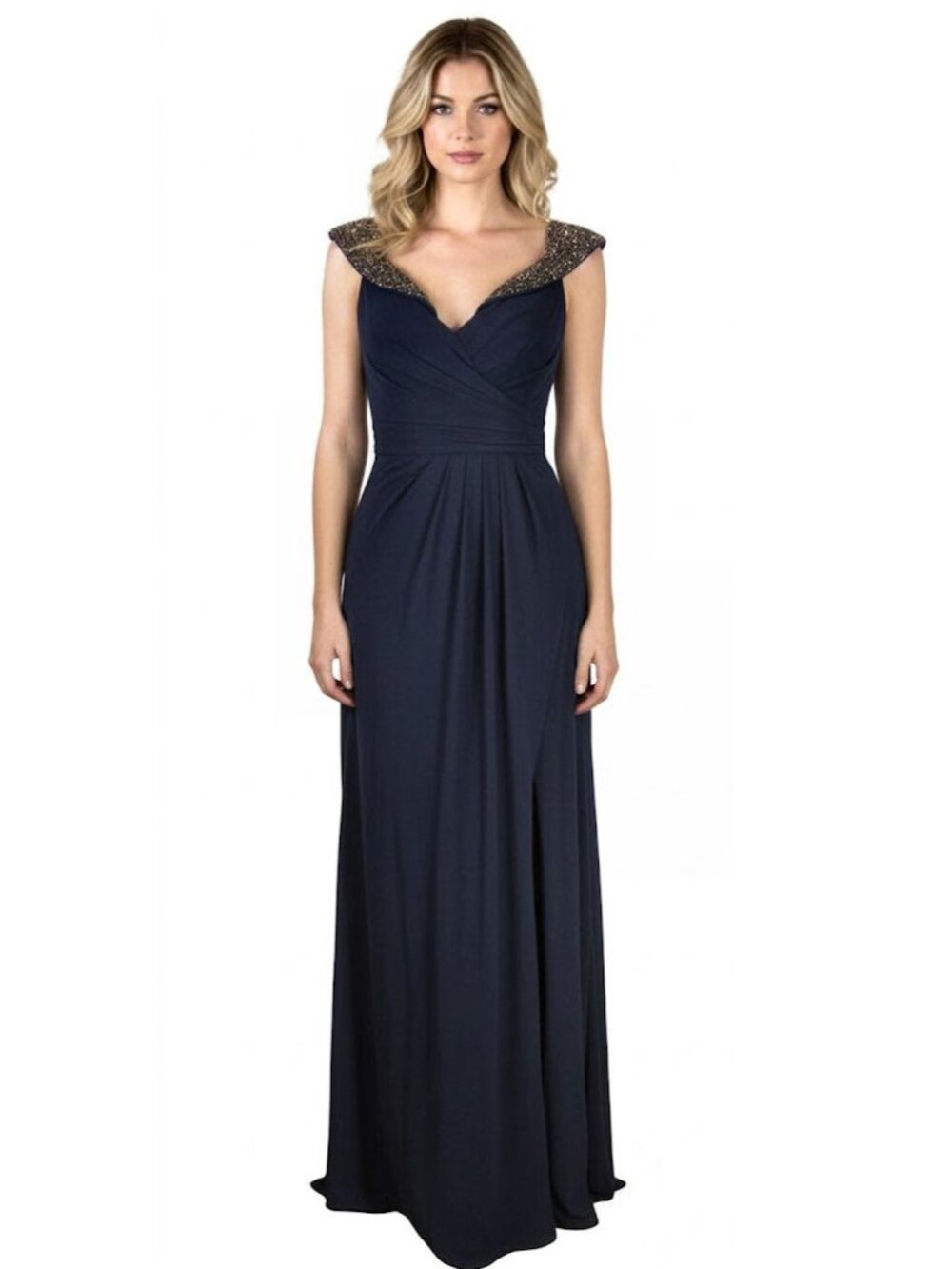 XSCAPE Off the Shoulder Beaded Gown, Navy Blue, Womens Size 2
